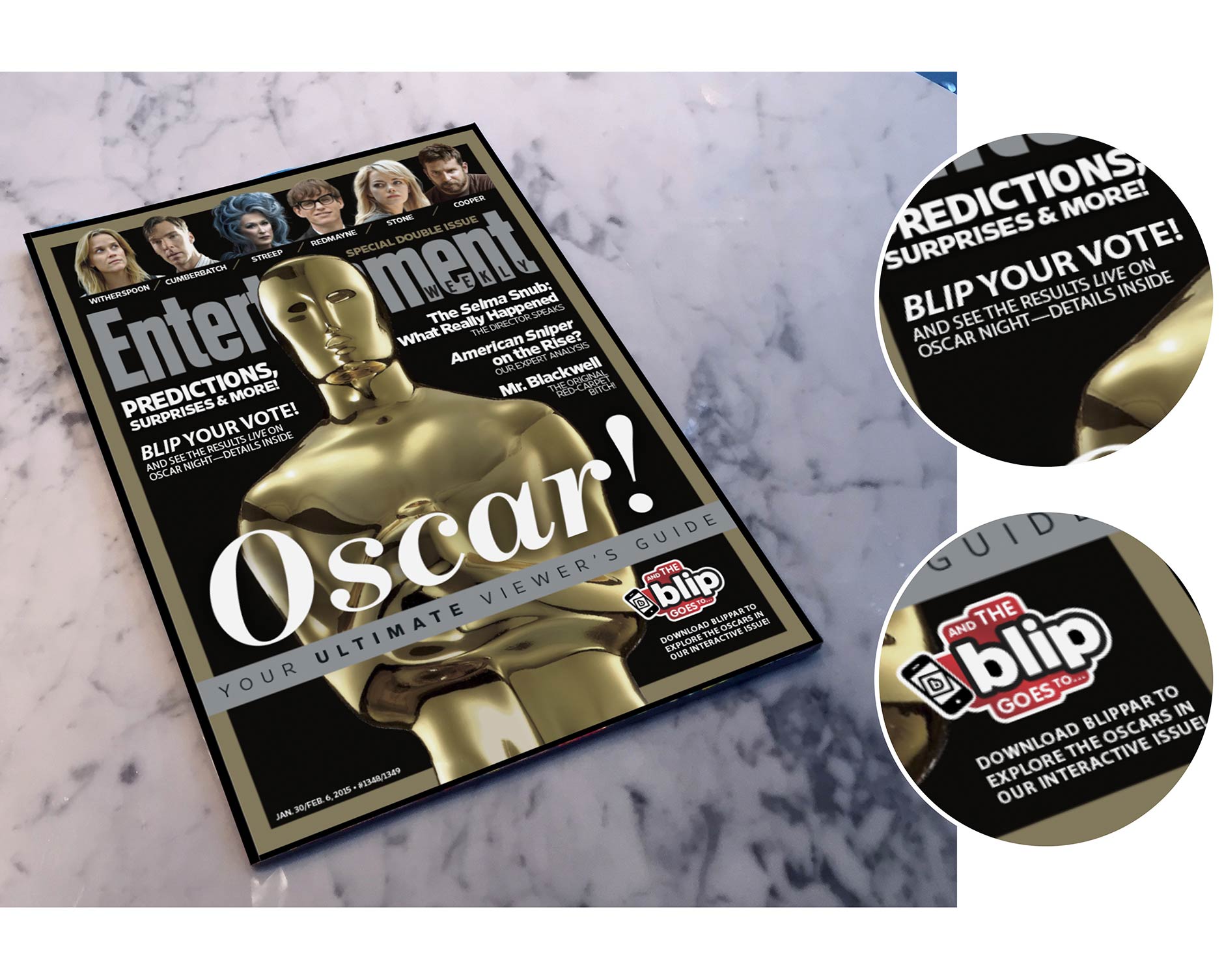As part of their annual Oscar double-issue, Entertainment Weekly would feature Blippable content allowing users access to video clips, trivia, and the chance to vote on their favorite nominees. 