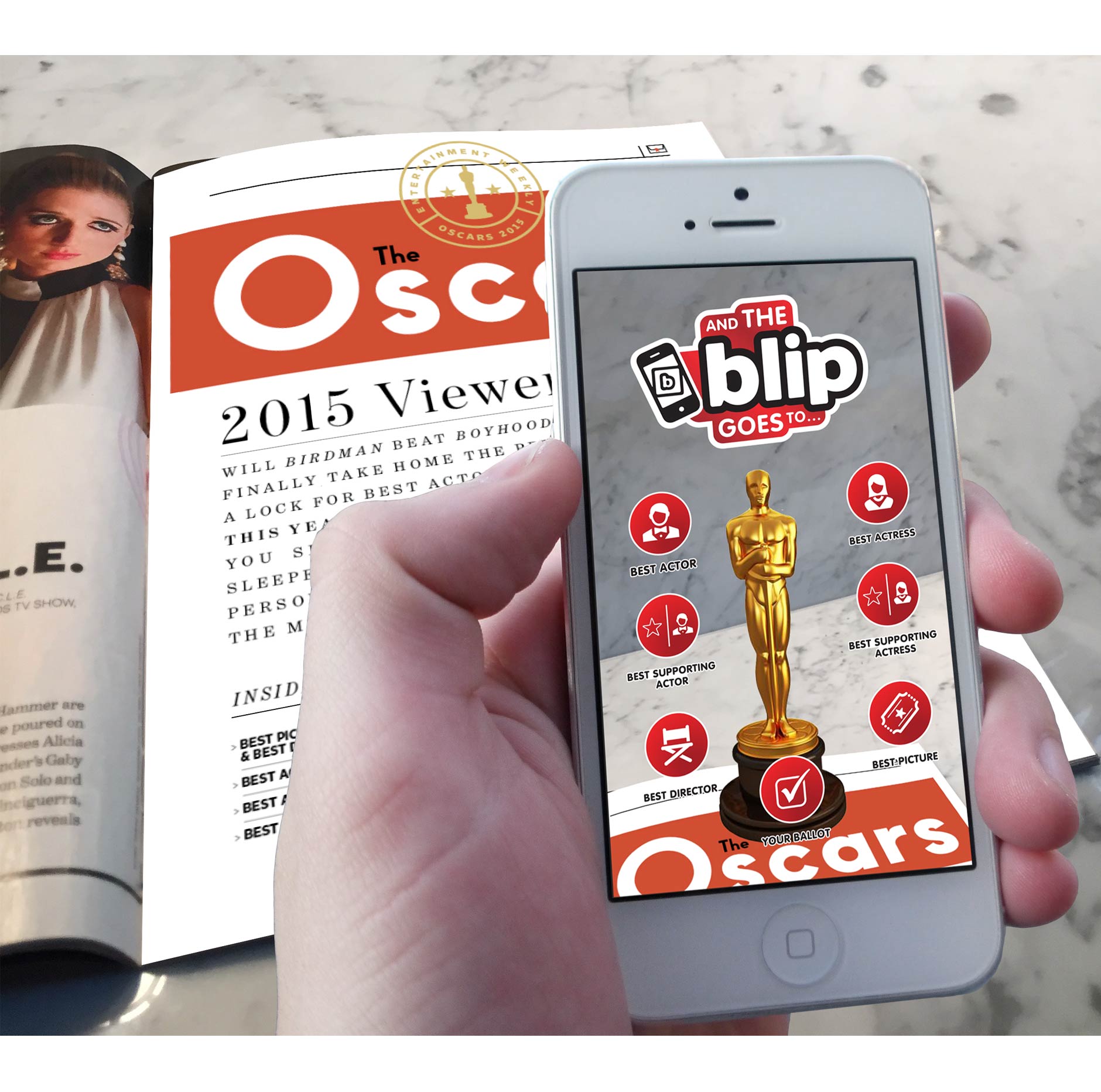 Blipping the page would generate an animated, 3D Oscar Statuette that would extrude and display over the Entertainment Weekly Oscar seal that is used throughout the issue. 
The campaign logo and navigation would animate out and hover around the statuette. 