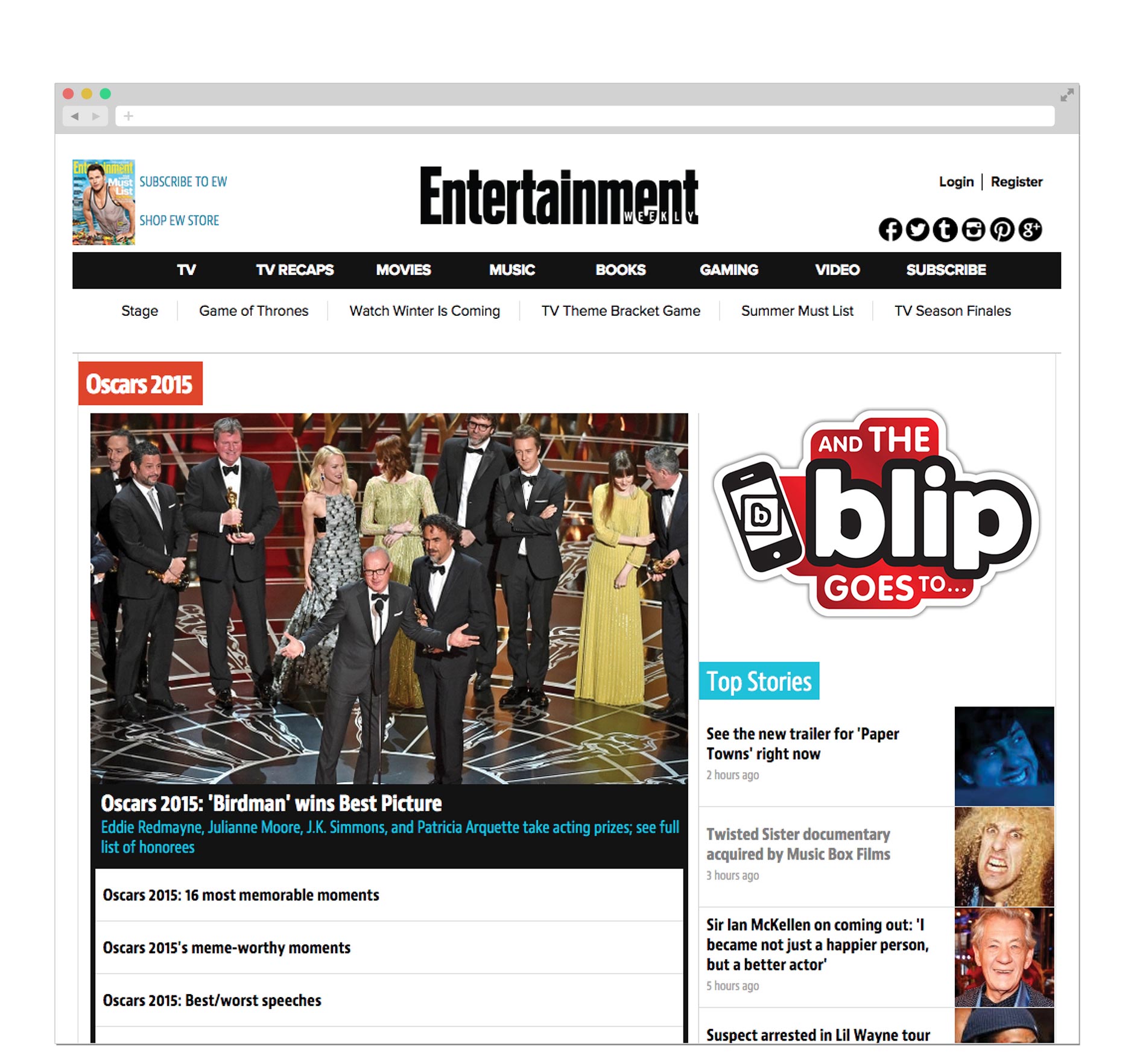 On the night of the awards, results from user votes would be tallied and featured on EW.com. Social media could be
utilized to promote discussion of the popular vote vs. that of The Academy.